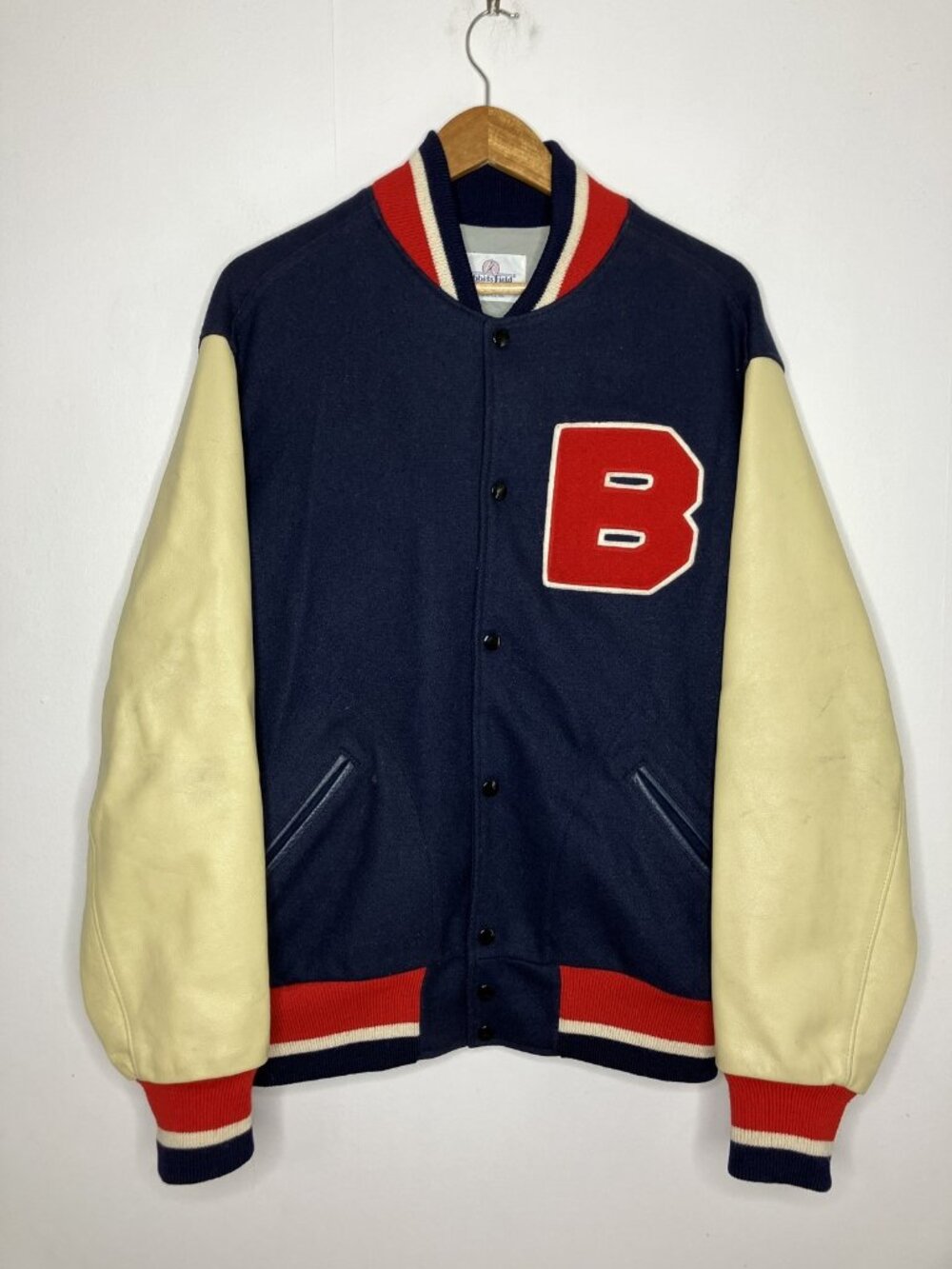 Vintage Ebbets Field Flannels Letterman Jacket Men's Large Navy Cream Wool READ